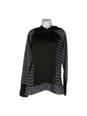 Reebok Womens L/G Long-Sleeve Black Striped Hooded Pullover Top Athleisure